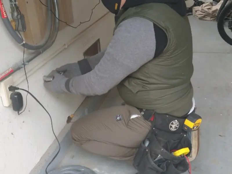 Electrician performing outlet wiring in a Beverly garage